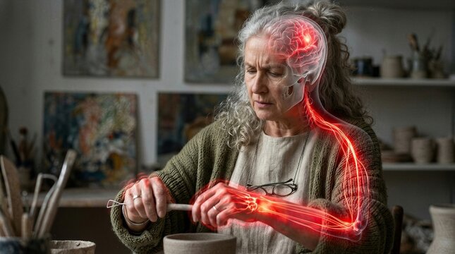 Mature woman potter working at clay with digital neural pain visualization. Concept of nerve damage, chronic arthritis or neurological disorder. Medical diagnostic of central nervous system.