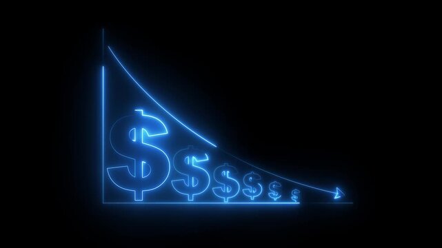 Neon blue financial line graph animation showing economic recession with falling dollar currency symbols representing market crash and loss.