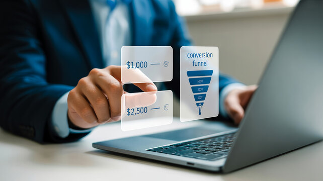 A businessman interacts with a digital sales conversion funnel and financial value tiers shown as holographic projections on a laptop.