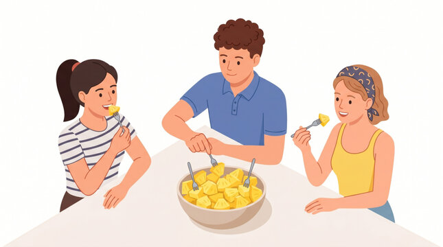 Isometric illustration of people enjoying a bowl of fresh sliced pineapple chunks