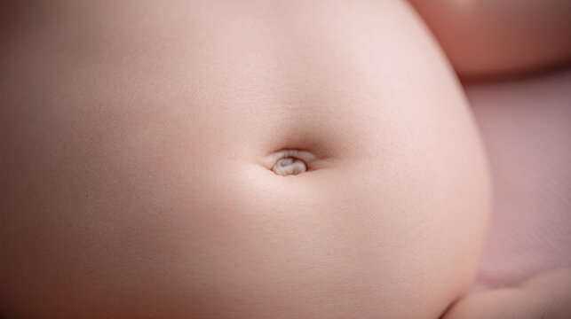 Close up photograph highlights the umbilical region of a small infant's smooth, pale skin.