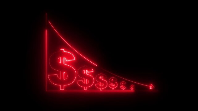 Neon red financial line graph animation showing economic recession with falling dollar currency symbols representing market crash and loss.