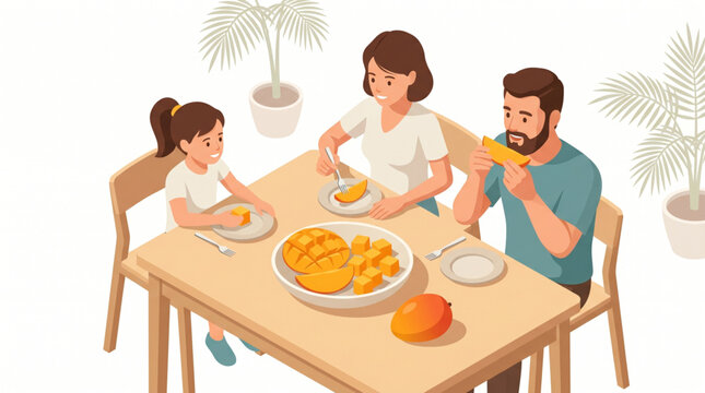 Isometric illustration of family members enjoying sweet ripe mango slices