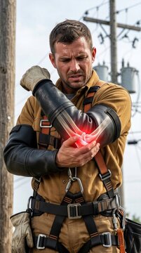 Electrician man suffering from severe elbow pain. Industrial worker touching injured arm. Anatomy of joint inflammation, physical injury or trauma concept in manual labor profession.