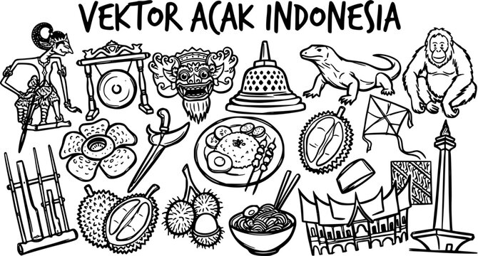Hand-Drawn Black and White Line Art Doodle Collection of Indonesian Cultural Symbols, Food, Animals, and Landmarks for Travel and Tourism.