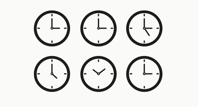 Wall clock icon set showing different times on white background