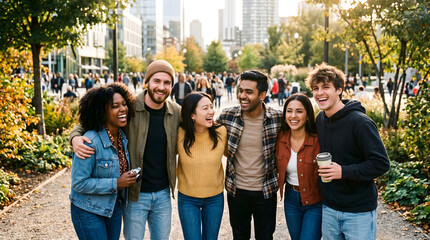 Fototapeta premium A vibrant and diverse group of young adult friends enjoying a cheerful stroll through a bustling urban park, radiating happiness and strong connections on a beautiful day