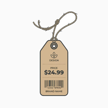 A brown paper price tag with a string, displaying '$24.99', a barcode, 'BRAND NAME', and a leaf design, against a white background.