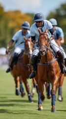 Fototapeta premium Polo players in light blue uniforms riding brown horses during a match on a grassy field with trees and spectators in the background under a clear blue sky