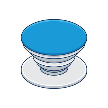 An isometric illustration of a blue and white phone grip or stand, resembling a PopSocket, with a collapsible design and circular base on a white background.