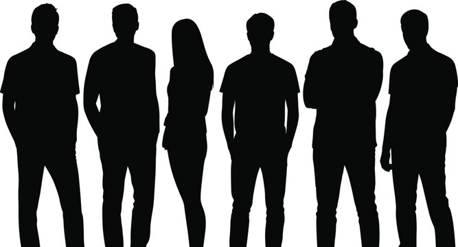 Casual young people silhouette collection featuring standing men and woman isolated human figure vector illustration