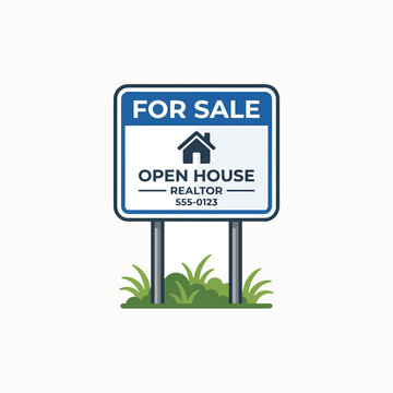 A flat illustration of a white and blue 'For Sale' and 'Open House' sign with a house icon, 'Realtor', and a phone number, standing in green grass.