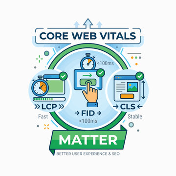 A graphic illustrating Core Web Vitals: LCP (fast), FID (interactive), and CLS (stable) for better website performance, user experience, and SEO.