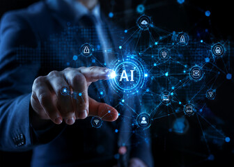 Fototapeta premium Futuristic AI Technology Interface with Businessman Touching Digital Artificial Intelligence Network and Cyber Security System,