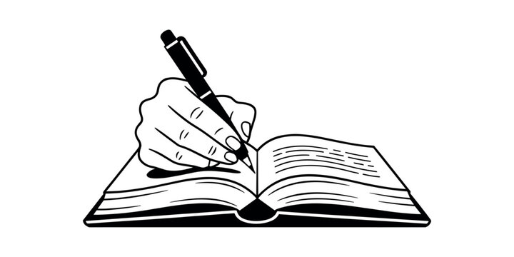 Hand holding pen writing in open book in white background