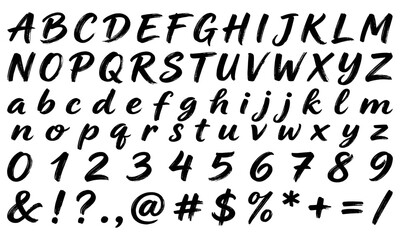 Obraz premium Black ink brush style alphabet set. Black handwritten calligraphic alphabet set for custom typography design. Vector illustration.