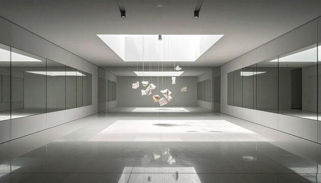 Art gallery installation with objects defying gravity, suspended in a minimalist white space.
