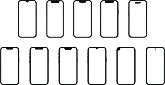 Set of smartphone front outline designs showing different notch, punch-hole, and bezel styles for modern mobile technology illustration