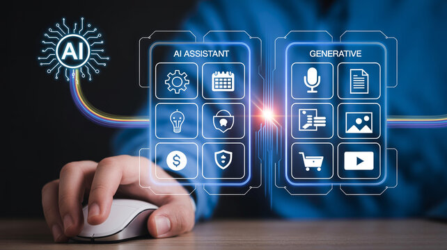 A hand operating a computer mouse points to a holographic interface displaying various AI assistant and generative AI application icons.