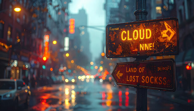 Bewildering Street Signs Pointing to Cloud Nine and Land of Lost Souls in a Rainy Urban Night