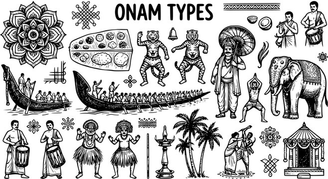 Hand Drawn Black and White Line Art Icons Set for Onam Festival. Traditional Kerala Indian Culture Symbols and Celebrations Sketch Collection.