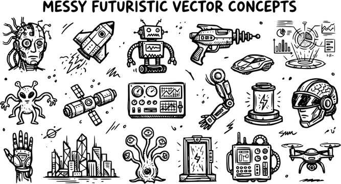 Messy Futuristic Technology  Science Fiction Vector Concepts. Hand-drawn Black  White Line Art Doodles of Robots, Aliens, Spaceships, and AI Elements.