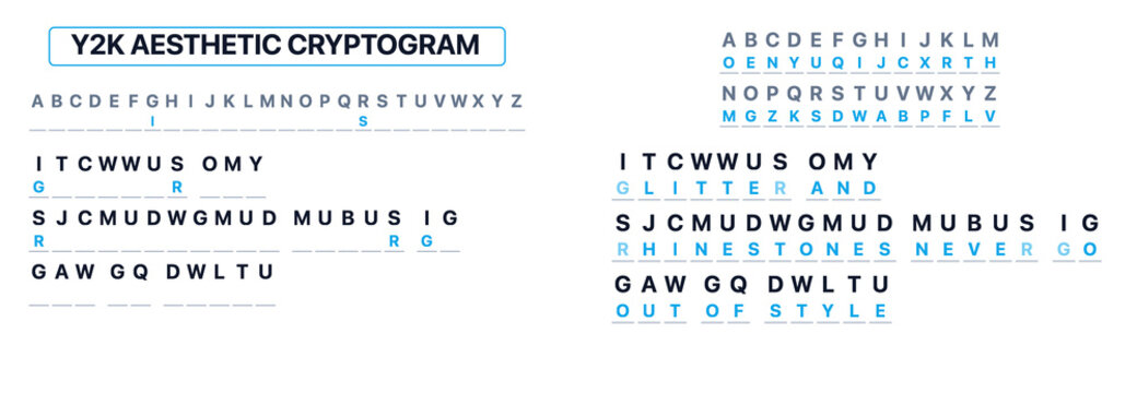 Aesthetic cryptogram with blue text and symbols on white background  