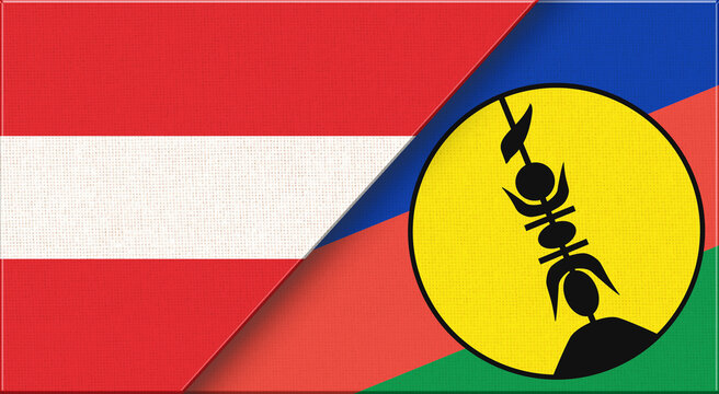 Double flag of Austria and New Caledonia on fabric texture. 3D illustration