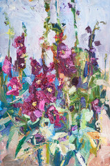 Impressionistic oil painting of vibrant purple hollyhocks, textured floral impasto artwork © Mariya Bo