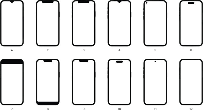 Collection of smartphone front designs showing various notch, punch-hole, and bezel styles for modern mobile technology concepts