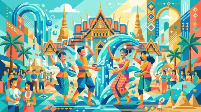 Vibrant Geometric Celebration with Traditional Dancers and Architecture