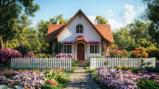Charming cottage with white picket fence and vibrant flower gard