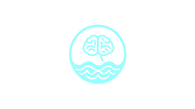 Minimalist blue brain icon floating over water waves