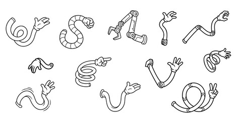 Fototapeta premium Cartoon arm set, flexible rubber hose character limbs, isolated on white. Collection of cartoon rubber hose character limbs with hands. Vector illustration.
