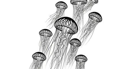Black and white ink illustration of a school of jellyfish swimming. © Rohimimon