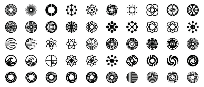 Circular abstract logo collection for modern visual design and marketing. Extensive library of circular vortex patterns, concentric rings, molecular clusters, and complex network icons.