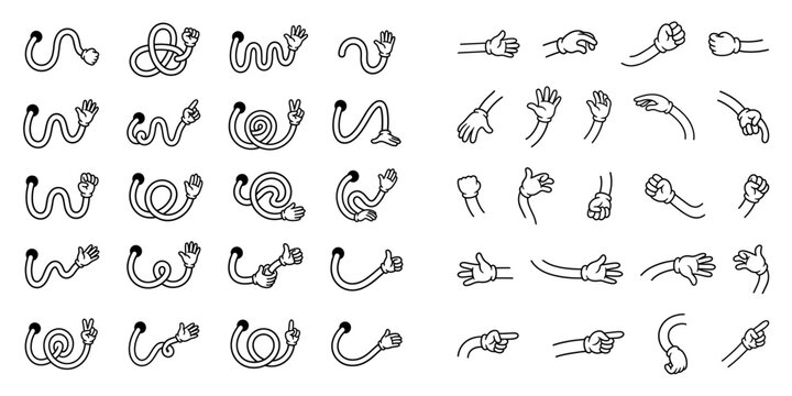 Cartoon arm set, vintage rubber hose character limbs. Flexible plastic pipe with cartoon character hands. Vector illustration.