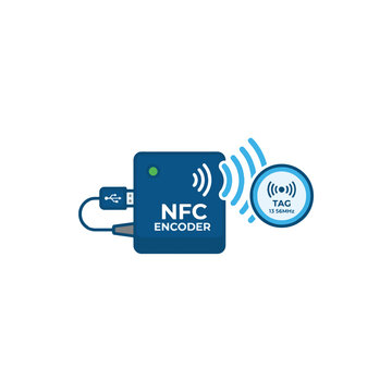 A blue NFC encoder device connected via USB to a computer, with wireless signals radiating towards an NFC tag.