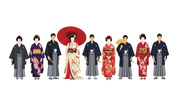 Japanese people wearing traditional kimono and hakama illustration