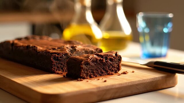 Close up of freshly baked brownie on wooden board with oil bottles