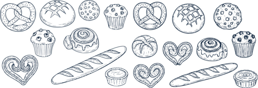 Bakery collection of fresh bread and pastries in hand drawn sketch style for menu design and culinary advertisements