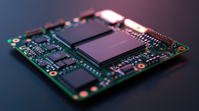 Close-up of a circuit board with microchips and electronic compo