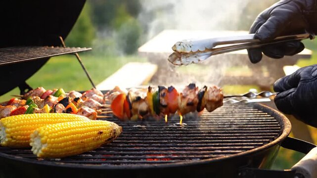Person grilling chicken skewers and corn on charcoal grill outdoors at sunset