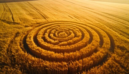 Naklejka premium Golden wheat field featuring a mysterious spiral crop circle pattern