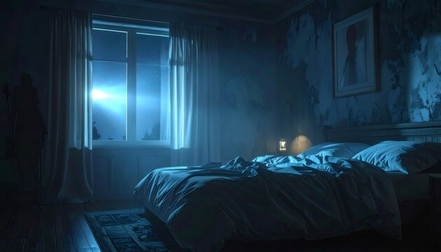 Mysterious light beam entering dark abandoned bedroom