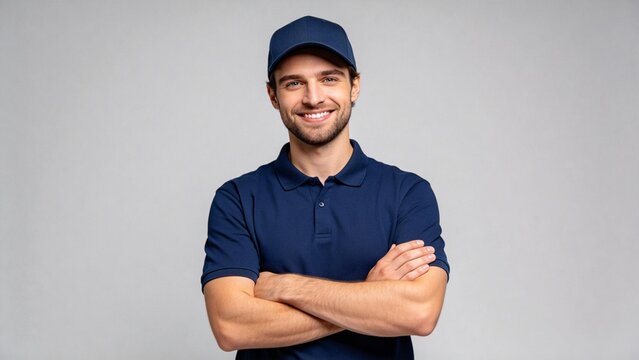 Man in blue uniform with crossed arms