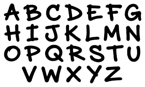 Urban graffiti alphabet set in black spray paint on white background. Full capital alphabet from a to z designed with a spray paint nozzle effect. Vector illustration.