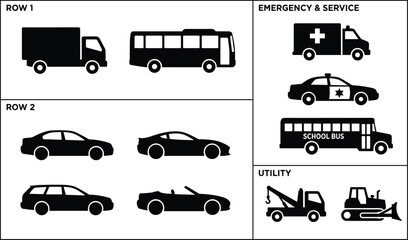 Vehicle silhouette chart featuring trucks, buses, sedans, convertibles, emergency vehicles, and utility machines for automotive and transportation design concepts © MdSazzad