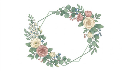 Geometric floral wreath with roses and eucalyptus leaves. © Vrgiel