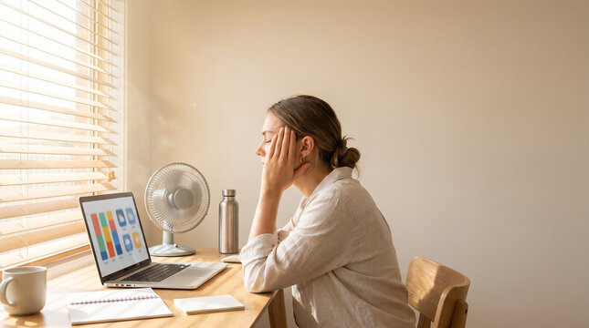 Remote worker under heatwave stress in a home office